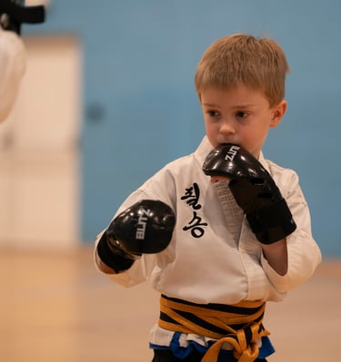 Young boy in a martial arts uniform and boxing gloves practicing karate in a dojo.