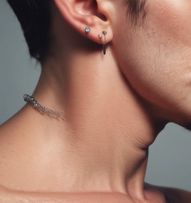 A pair of bold white gold earrings with intricate detailing, resting on a polished black stone.