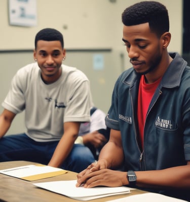 A group of men in Purpose Driven Men shirts cleaning up a city park on a sunny day.