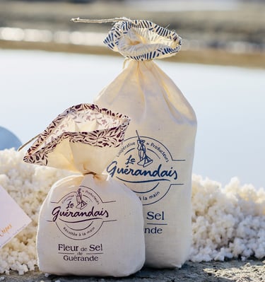 2 sachets en tissus de sel de Guérande posés à côté d'un tas de gros sel