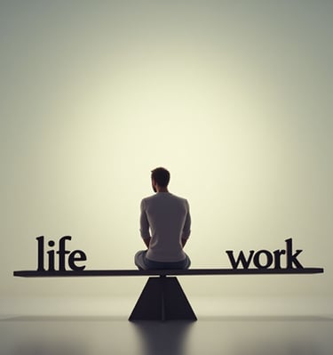 Man sitting on work life scale to balance it