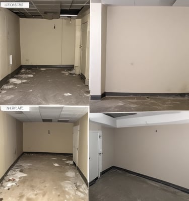 Restored living room showing fresh paint and no signs of previous mold.