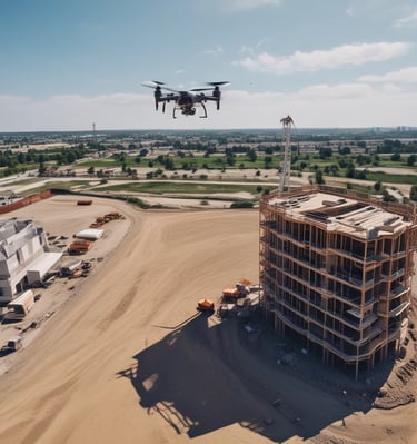 A white drone is positioned on a dirt path in a natural, outdoor setting. Surrounded by rolling hills and grass with a bright sky, the drone is equipped with a camera and seems ready for flight.