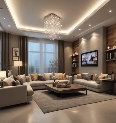 A cozy living room with warm lighting and comfortable furniture.