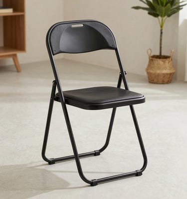 A sleek black foldable chair set against a clean white background, highlighting its compact design.