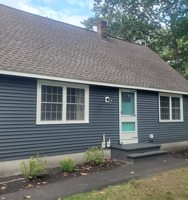 a house with a blue door and a green door