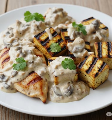 Grilled Paneer/Chicken/Tofu with Oyster Mushroom Sauce