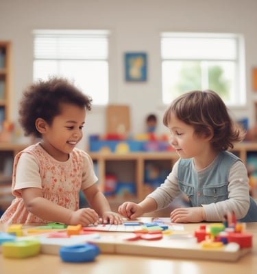A bright and colorful children's play area with circular seating in pastel shades of pink, green, and blue. The room is filled with various play equipment and toys, including a playhouse and books. The ceiling is decorated with green and blue hanging flags, and the flooring is wooden. Large windows at the far end allow natural light to flood the room.