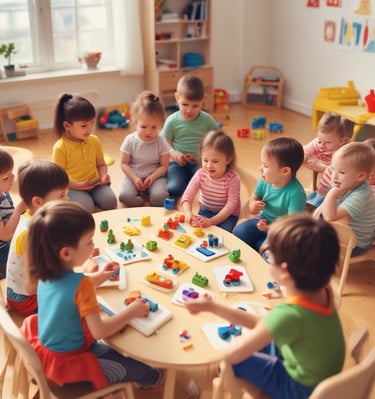 A group of women wearing casual clothing are engaging with children in a colorful room. The walls are painted with bright circles and letters. Some of the women are seated, serving food or interacting with the children, while one stands using a phone. The children are sitting or kneeling on the floor, holding bowls and cups.