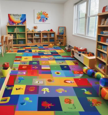A playful indoor playground area covered in a brown, sand-like material with scattered colorful plastic toys, including toy trucks, containers, and building blocks. Large tree-like structures with a cartoonish design are situated throughout the scene, giving it a whimsical forest theme.