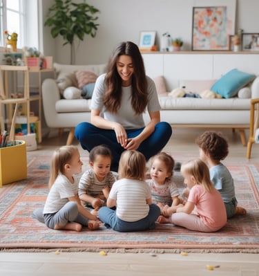 A bright, organized classroom with educational materials on the walls. There are colorful alphabet and number charts, a variety of shelves holding different toys, a small table with red chairs, an easel, and a vibrant blue rug featuring sports balls. The room has a welcoming and educational atmosphere.