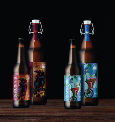 Beer labels for rye and barley beers, crow illustration and a circus woman design