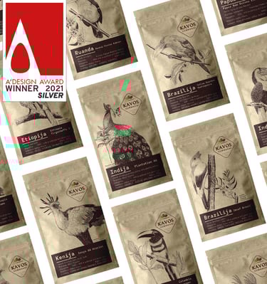  Award winning coffee packagind design, kraft doypacks with dark brown bird illustrations