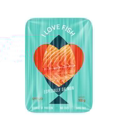 Salmon packaging, teal color, orange heart, i love fish