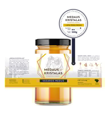 Natural honey label yellow color, beekeepers illustration, dark blue text