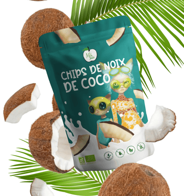 coco chips pakaging design, teal bag with futuristic caracters 