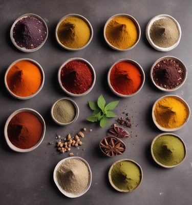 A vivid assortment of colorful spices spread across a wooden table.
