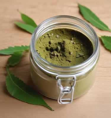 Organic herbal powders displayed in transparent jars with labels.