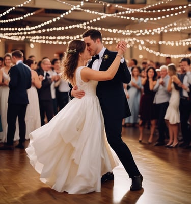 A joyful couple dancing together under colorful lights.