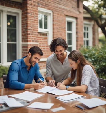 A cityscape with a real estate sign in the foreground, prominently displaying the name and phone number. Surrounding the sign are various buildings with different architectural styles, some with scaffolding and green netting. The scene features a mix of older, worn structures alongside modern glass-fronted buildings. Power lines and construction materials add to the urban complexity.