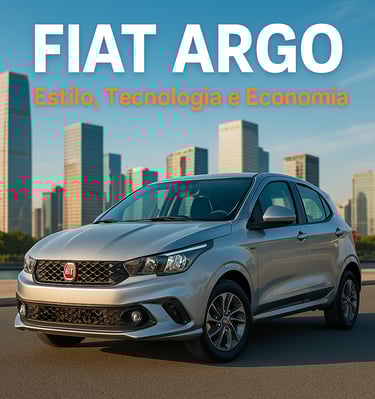 Fiat Argo prata em destaque com prédios ao fundo e chamada sobre estilo, tecnologia e economia