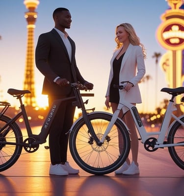 a happy man and woman facing each other with their e-bikes