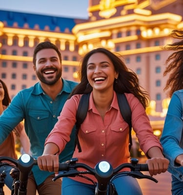 a group of people riding bikes in front of a hotel