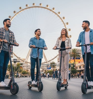a group of people riding scooters on a city street