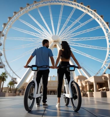 a man and woman holding hands while holding electric bicycles