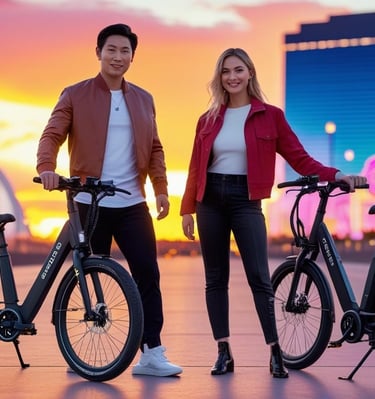 a man and woman standing next to each other posing with their bicycles