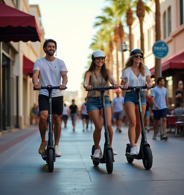 a man and woman riding e-scooters on a city sidewalk