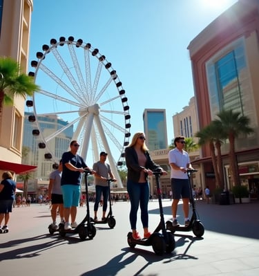 a group of people riding e-scooters at the ling hotel