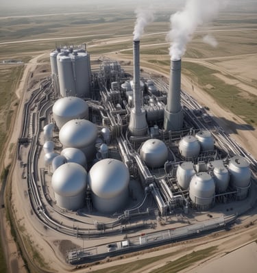 Four workers are engaged in an industrial setting, possibly an oil rig or construction site. They are wearing protective clothing and helmets, surrounded by heavy machinery and equipment. The environment suggests manual labor and teamwork.