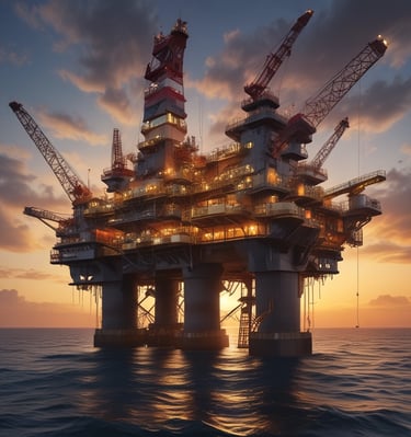 An offshore oil drilling platform is situated in the middle of a large expanse of blue ocean, under a sky scattered with fluffy clouds. A smaller boat or ship is seen moving away from the platform, leaving a trail in the water.