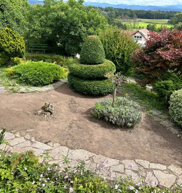 Gepflegter Garten aus anderer Perspektive. Ideenreichtum. Möglichkeiten den Garten zu gestalten