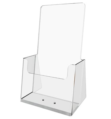 Clear acrylic brochure holder with a flat base and slanted back.