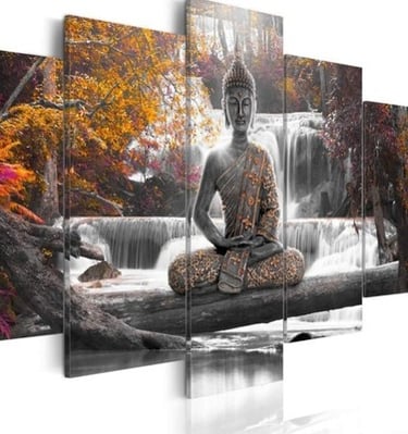 Five-panel canvas print featuring a Buddha statue with a waterfall in the background and autumn foli