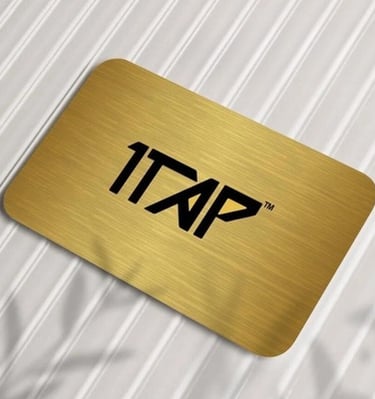 Gold NFC digital business card with the logo '1TAP' in black.