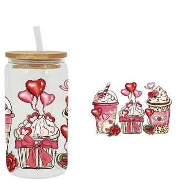 Soda glass with heart-themed cupcakes and milkshake designs.
