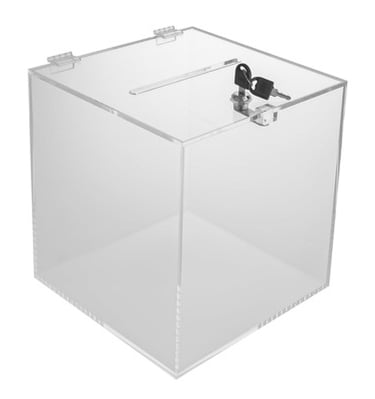 Large clear acrylic suggestion box with a lock and key.