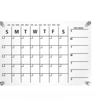 Clear acrylic weekly planner with standoff mounts and grid layout.