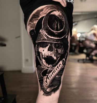 Undead samurai japanese black and grey tattoo on outer leg