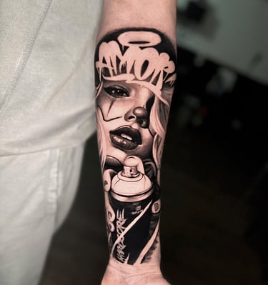 Chicano Payasa graffiti black and grey tattoo on forearm