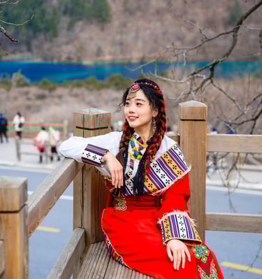 a woman in a red dress sitting on a bench