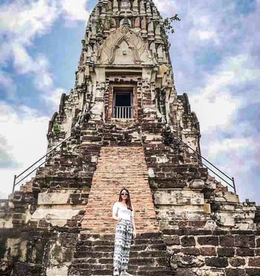 a woman standing in front of a temple with a sky background