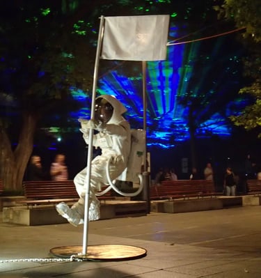 a floating statue illusion of an astronaut in a white suit