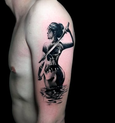 a man with a sword tattoo skull girl samurai