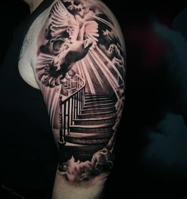 way to heaven tattoo and stairs realism tattoo