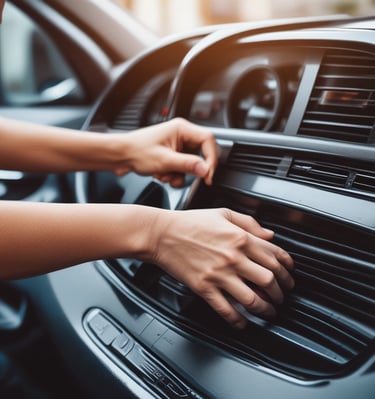 A close-up of a person's hand is polishing a bright green car using a green cloth. Another hand holds a bottle of car cleaning spray. The focus is on the action of cleaning the car's exterior surface near the headlight.