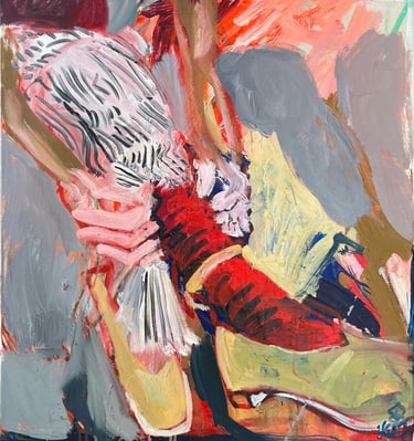 a painting of a woman's feet in a red shoe